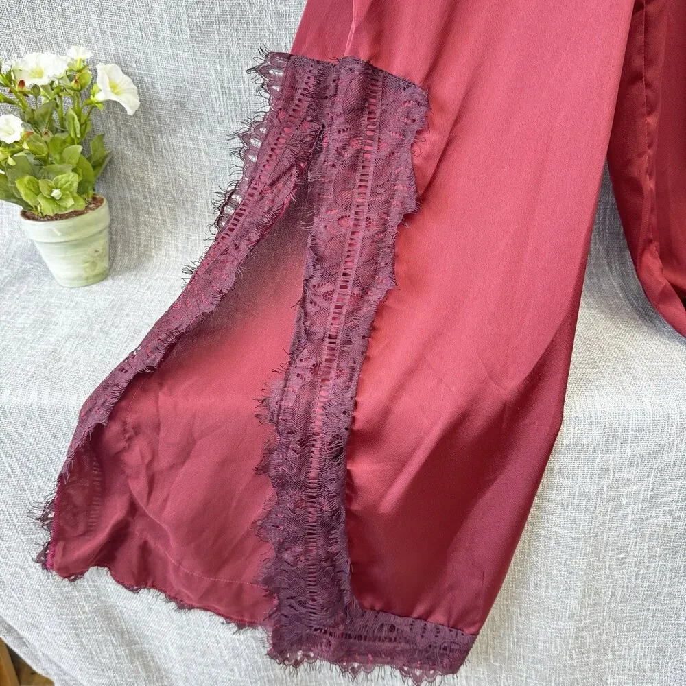 Nasty Gal Burgundy Satin Wide Leg Jumpsuit Lace Trim PTP 16 Open Back XXS Slit - Picture 4 of 16